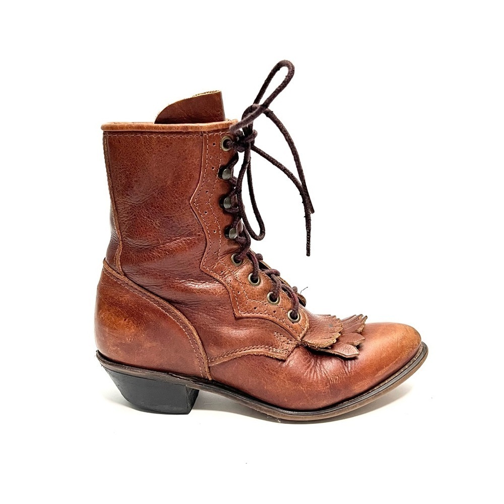 Vintage 1980s brown leather brogue lace up kiltie roper granny boots